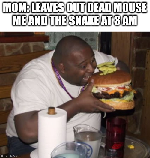 Fat guy eating burger | MOM: LEAVES OUT DEAD MOUSE
ME AND THE SNAKE AT 3 AM | image tagged in fat guy eating burger | made w/ Imgflip meme maker