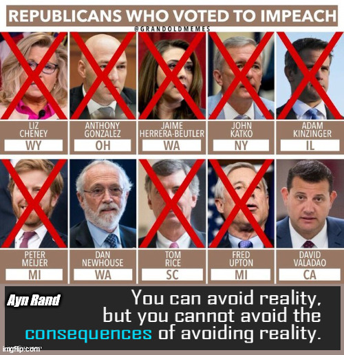 RINO's and their Consequences to their FEAR of Trump | Ayn Rand | image tagged in ayn rand,consequences,newtons third law,democrats,biden | made w/ Imgflip meme maker