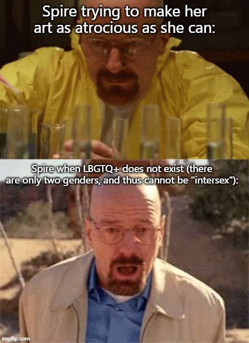 User slander #2 (two slanders for spire) | Spire trying to make her art as atrocious as she can:; Spire when LBGTQ+ does not exist (there are only two genders, and thus cannot be "intersex"): | image tagged in walter white cooking,walter white | made w/ Imgflip meme maker