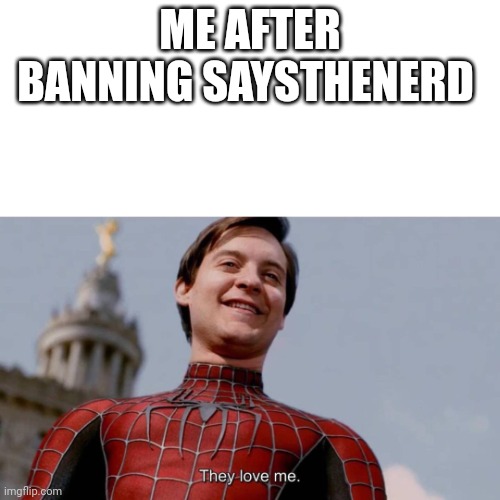 they LOVE me | ME AFTER BANNING SAYSTHENERD | image tagged in they love me | made w/ Imgflip meme maker