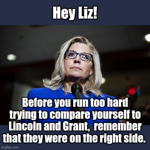 You can't play with the Confederates then act you are on the side of the Republic. Lost by 40 points. 40 points!! LOL! | Hey Liz! Before you run too hard trying to compare yourself to Lincoln and Grant,  remember that they were on the right side. | image tagged in liz cheney | made w/ Imgflip meme maker