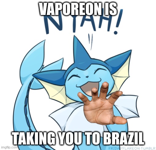 oh boy... | VAPOREON IS; TAKING YOU TO BRAZIL | image tagged in vaporeon | made w/ Imgflip meme maker