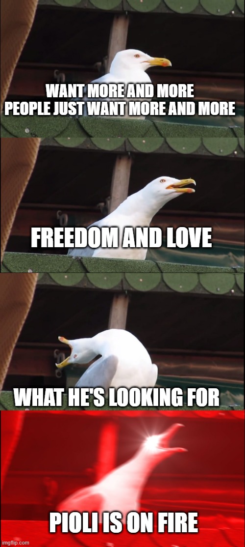 Italian people be like PIOLI IS ON FIRE | WANT MORE AND MORE
PEOPLE JUST WANT MORE AND MORE; FREEDOM AND LOVE; WHAT HE'S LOOKING FOR; PIOLI IS ON FIRE | image tagged in memes,inhaling seagull | made w/ Imgflip meme maker