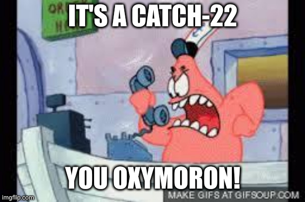 no this is patrick | IT'S A CATCH-22 YOU OXYMORON! | image tagged in no this is patrick | made w/ Imgflip meme maker