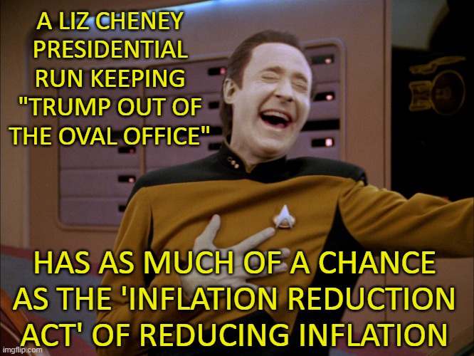 Utterly Delusional | A LIZ CHENEY PRESIDENTIAL RUN KEEPING "TRUMP OUT OF THE OVAL OFFICE"; HAS AS MUCH OF A CHANCE AS THE 'INFLATION REDUCTION ACT' OF REDUCING INFLATION | made w/ Imgflip meme maker