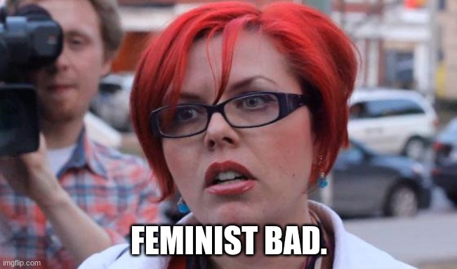 ew | FEMINIST BAD. | image tagged in angry feminist | made w/ Imgflip meme maker