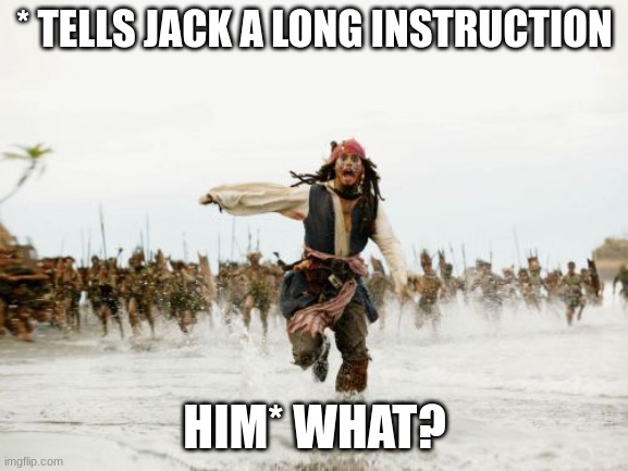Jack Sparrow Being Chased | * TELLS JACK A LONG INSTRUCTION; HIM* WHAT? | image tagged in memes,jack sparrow being chased | made w/ Imgflip meme maker