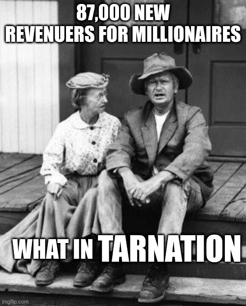 jed and granny revenuers | 87,000 NEW REVENUERS FOR MILLIONAIRES; WHAT IN; TARNATION | image tagged in granny and jed clampett,revenuers,87000,irs | made w/ Imgflip meme maker