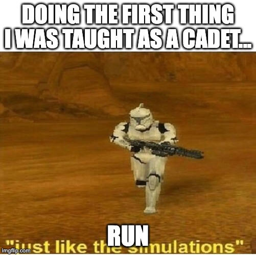 Just like the simulations | DOING THE FIRST THING I WAS TAUGHT AS A CADET... RUN | image tagged in just like the simulations,run | made w/ Imgflip meme maker