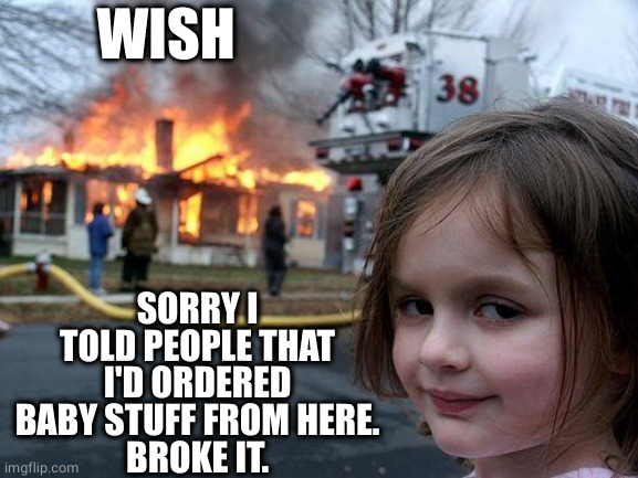 Disaster Girl Meme | WISH SORRY I TOLD PEOPLE THAT I'D ORDERED BABY STUFF FROM HERE.
BROKE IT. | image tagged in memes,disaster girl | made w/ Imgflip meme maker
