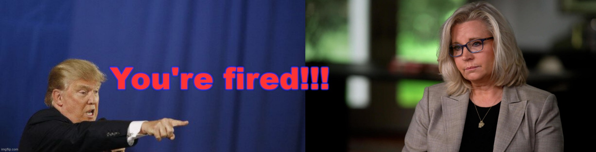 Trump tells Liz Cheney that she's fired!!! | You're fired!!! | image tagged in political meme,trump you're fired,liz cheney loses,elizabeth cheney voted out,rino cheny,conservative win | made w/ Imgflip meme maker