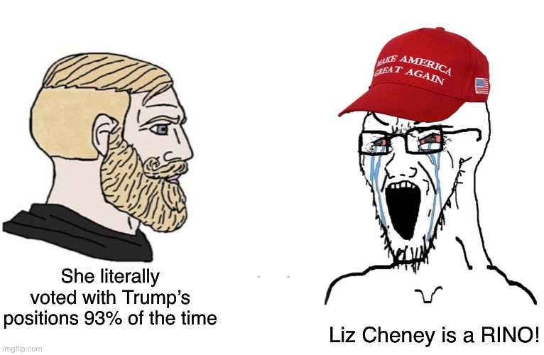 If Liz Cheney is too liberal for the GOP, clearly the party is far-right. | She literally voted with Trump’s positions 93% of the time; Liz Cheney is a RINO! | image tagged in soyboy vs yes chad,crying maga wojak,liz cheney,donald trump,maga,conservative logic | made w/ Imgflip meme maker