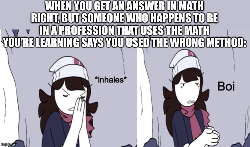 I thought the only thing that mattered was getting the stupid question right. | WHEN YOU GET AN ANSWER IN MATH RIGHT, BUT SOMEONE WHO HAPPENS TO BE IN A PROFESSION THAT USES THE MATH YOU’RE LEARNING SAYS YOU USED THE WRONG METHOD: | image tagged in jaiden animations boi | made w/ Imgflip meme maker