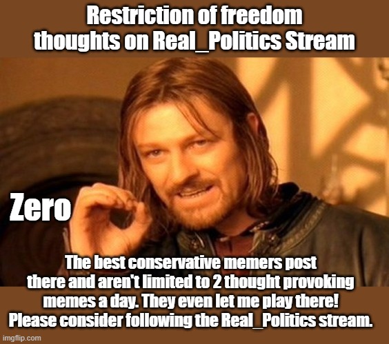 Don't get me wrong, I love the Politics stream, it's just that there is so much more good stuff out there. You can have both. | Restriction of freedom thoughts on Real_Politics Stream; Zero; The best conservative memers post there and aren't limited to 2 thought provoking memes a day. They even let me play there! Please consider following the Real_Politics stream. | image tagged in memes,one does not simply | made w/ Imgflip meme maker