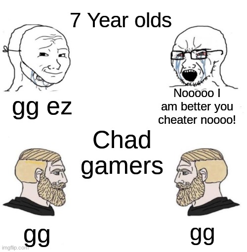 7 y/o vs chad gamers | 7 Year olds; Nooooo I am better you cheater noooo! gg ez; Chad gamers; gg; gg | image tagged in soy boy chad,gamers,memes,funny,gaming,chad | made w/ Imgflip meme maker