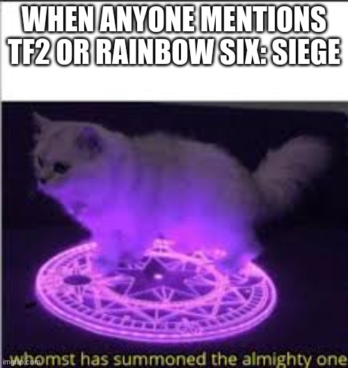 Whomst has Summoned the almighty one | WHEN ANYONE MENTIONS TF2 OR RAINBOW SIX: SIEGE | image tagged in whomst has summoned the almighty one,cats,gaming,tf2,rainbow six siege | made w/ Imgflip meme maker
