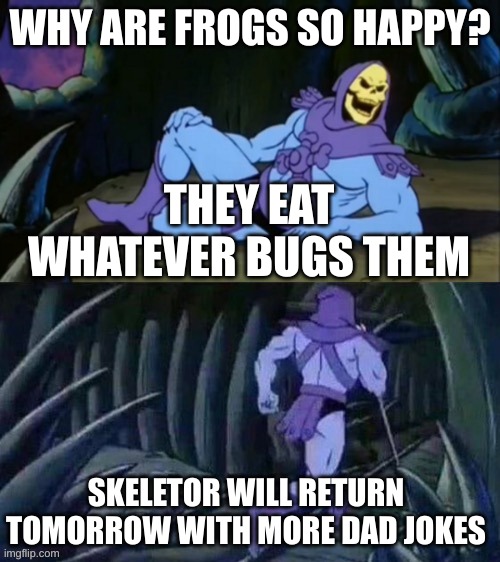 haha (sarcastic) | WHY ARE FROGS SO HAPPY? THEY EAT WHATEVER BUGS THEM; SKELETOR WILL RETURN TOMORROW WITH MORE DAD JOKES | image tagged in skeletor disturbing facts | made w/ Imgflip meme maker