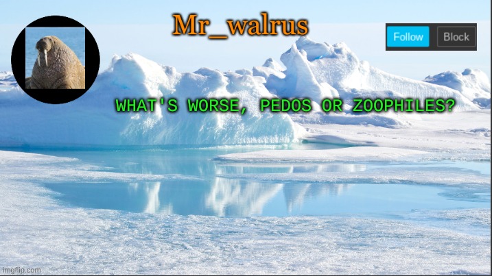 Mr_walrus | WHAT'S WORSE, PEDOS OR ZOOPHILES? | image tagged in mr_walrus | made w/ Imgflip meme maker