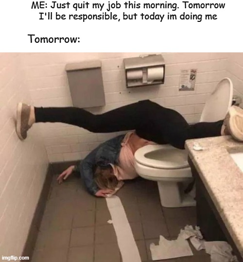 Wasted | ME: Just quit my job this morning. Tomorrow I'll be responsible, but today im doing me; Tomorrow: | image tagged in passed out in the bathroom | made w/ Imgflip meme maker