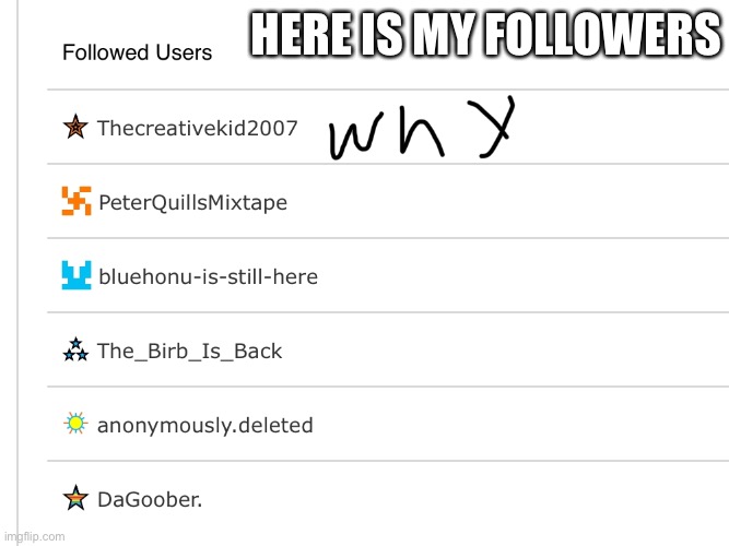 I meant here’s who I follow. | HERE IS MY FOLLOWERS | image tagged in followers | made w/ Imgflip meme maker