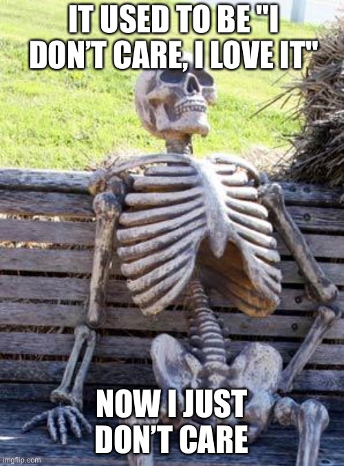 Waiting Skeleton |  IT USED TO BE "I DON’T CARE, I LOVE IT"; NOW I JUST DON’T CARE | image tagged in memes,waiting skeleton,funny,songs,relatable,skeleton | made w/ Imgflip meme maker