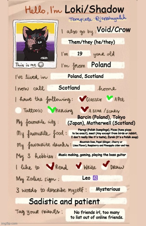 Updated mine, but yea- On the 7th to the 24th of September I won't be online. Green means used to, blood red is yes | Loki/Shadow; Void/Crow; Them/they (he/they); 19; Poland; Poland, Scotland; Scotland; Barcin (Poland), Tokyo (Japan), Motherwell (Scotland); Pierogi (Polish Dumplings), Pizza (tuna pizza to be exact), meat (Any except from birds or rabbit, I don't really like it's taste), Żurek (it's a Polish soup); Mountain Dew, Pepsi (Ginger, Cherry or Lime Flavor), Raspberry and Pineapple cider and tea; Music making, gaming, playing the bass guitar; Leo ♌; Mysterious; Sadistic and patient; No friends irl, too many to list out of online friends. | image tagged in hello i'm___ | made w/ Imgflip meme maker