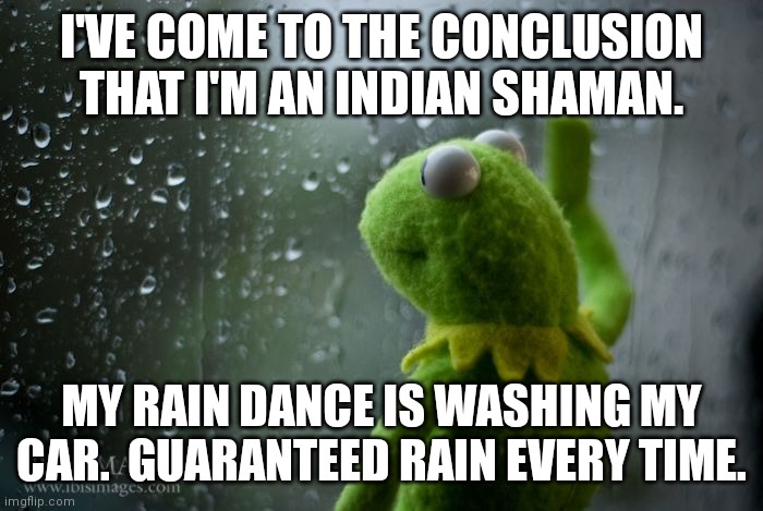 I'm a rain dancer | I'VE COME TO THE CONCLUSION THAT I'M AN INDIAN SHAMAN. MY RAIN DANCE IS WASHING MY CAR.  GUARANTEED RAIN EVERY TIME. | image tagged in kermit window | made w/ Imgflip meme maker