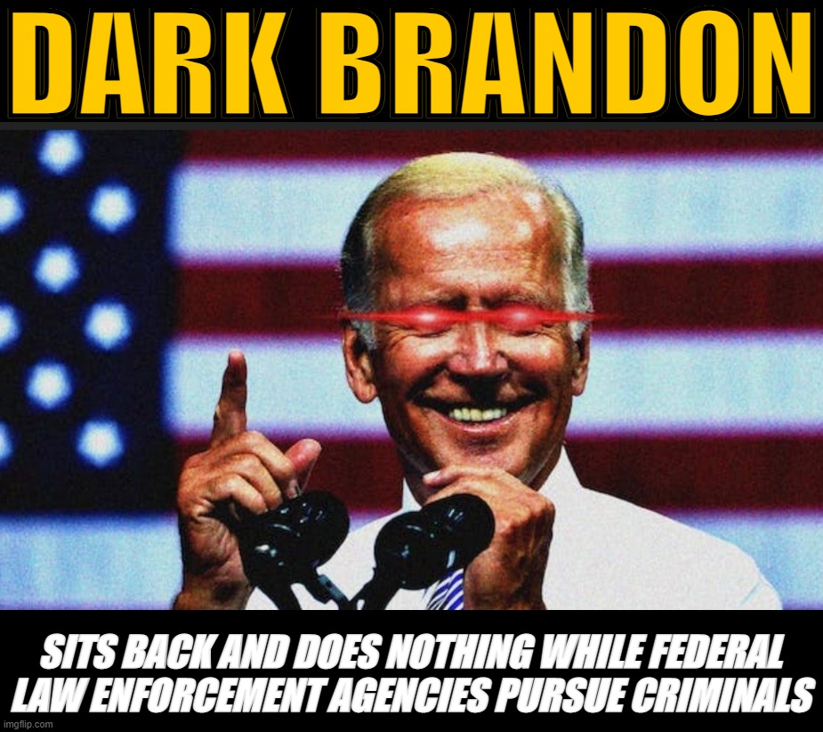 Dark Brandon's mastermind of the DOJ & FBI is so complete he doesn't even have to lift a finger. | DARK BRANDON; SITS BACK AND DOES NOTHING WHILE FEDERAL LAW ENFORCEMENT AGENCIES PURSUE CRIMINALS | image tagged in dark brandon,doj,fbi,brandon,joe biden,smilin biden | made w/ Imgflip meme maker