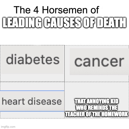 why. why does that kid do this | LEADING CAUSES OF DEATH; THAT ANNOYING KID WHO REMINDS THE TEACHER OF THE HOMEWORK | image tagged in four horsemen | made w/ Imgflip meme maker