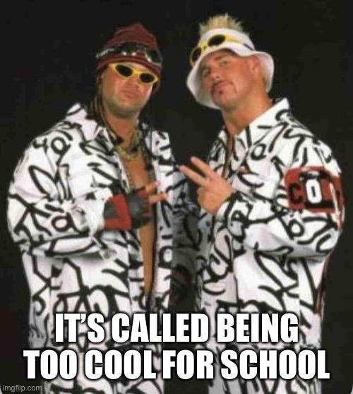 Too Cool For School | IT’S CALLED BEING TOO COOL FOR SCHOOL | image tagged in too cool,too cool for school,wwe,school,memes | made w/ Imgflip meme maker