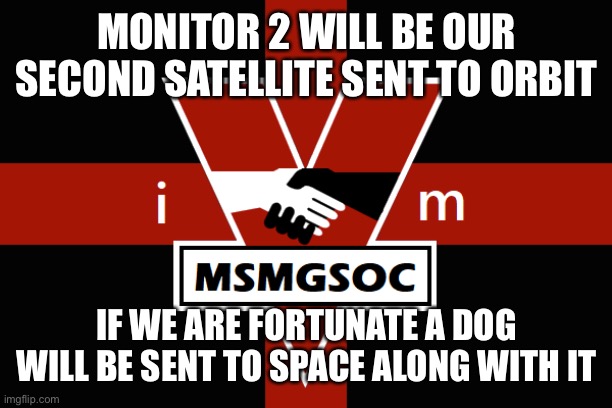 MSMGSOC flag | MONITOR 2 WILL BE OUR SECOND SATELLITE SENT TO ORBIT; IF WE ARE FORTUNATE A DOG WILL BE SENT TO SPACE ALONG WITH IT | image tagged in msmgsoc flag | made w/ Imgflip meme maker
