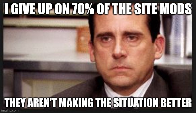 irritated | I GIVE UP ON 70% OF THE SITE MODS; THEY AREN'T MAKING THE SITUATION BETTER | image tagged in irritated | made w/ Imgflip meme maker