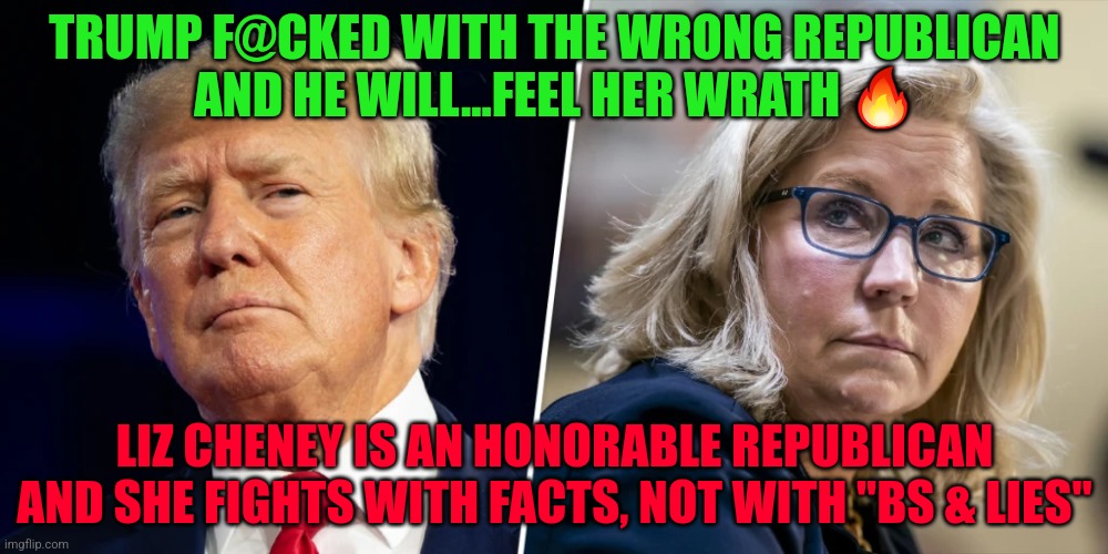 Trump vs Liz Cheney | TRUMP F@CKED WITH THE WRONG REPUBLICAN
 AND HE WILL...FEEL HER WRATH 🔥; LIZ CHENEY IS AN HONORABLE REPUBLICAN AND SHE FIGHTS WITH FACTS, NOT WITH "BS & LIES" | image tagged in trump vs liz cheney | made w/ Imgflip meme maker