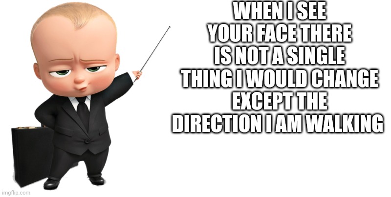 boss baby make a statement | WHEN I SEE YOUR FACE THERE IS NOT A SINGLE THING I WOULD CHANGE EXCEPT THE DIRECTION I AM WALKING | image tagged in boss baby make a statement | made w/ Imgflip meme maker