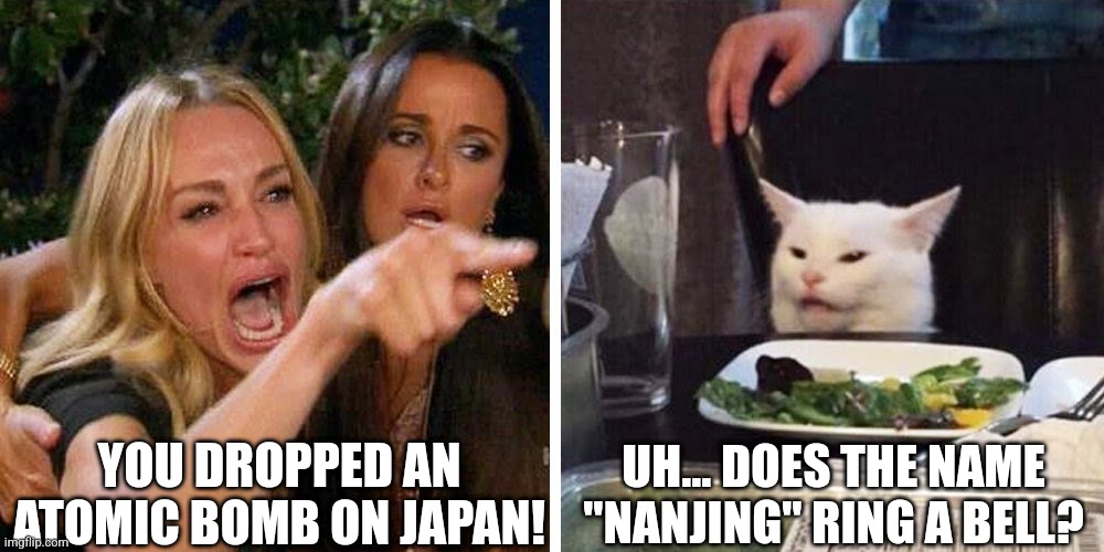 Smudge the cat | YOU DROPPED AN ATOMIC BOMB ON JAPAN! UH... DOES THE NAME "NANJING" RING A BELL? | image tagged in smudge the cat | made w/ Imgflip meme maker