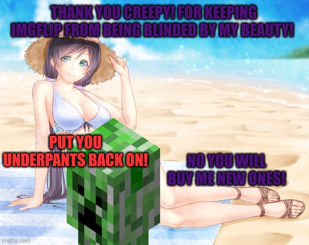 Obey me creepy |  THANK YOU CREEPY! FOR KEEPING IMGFLIP FROM BEING BLINDED BY MY BEAUTY! PUT YOU UNDERPANTS BACK ON! NO YOU WILL BUY ME NEW ONES! | image tagged in minecraft creeper,anime girl,swimsuit | made w/ Imgflip meme maker