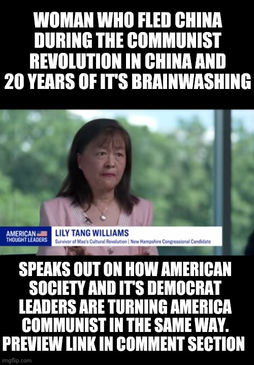 WOMAN WHO FLED CHINA DURING THE COMMUNIST REVOLUTION IN CHINA AND 20 YEARS OF IT'S BRAINWASHING; SPEAKS OUT ON HOW AMERICAN SOCIETY AND IT'S DEMOCRAT LEADERS ARE TURNING AMERICA COMMUNIST IN THE SAME WAY. PREVIEW LINK IN COMMENT SECTION | image tagged in liberals | made w/ Imgflip meme maker