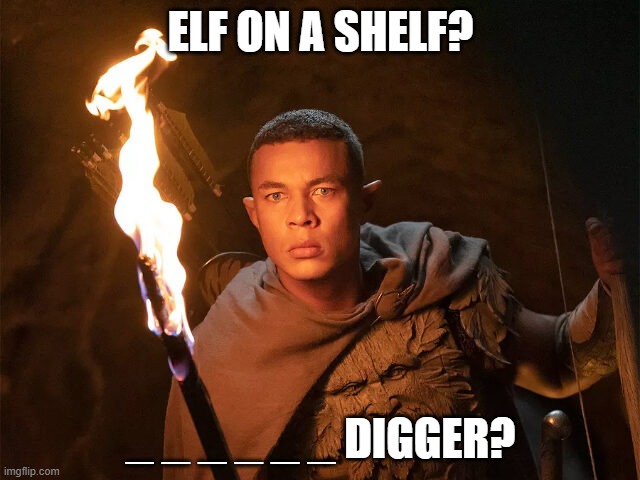 the answer is bigger | ELF ON A SHELF? _ _ _ _ _ _ DIGGER? | image tagged in memes | made w/ Imgflip meme maker