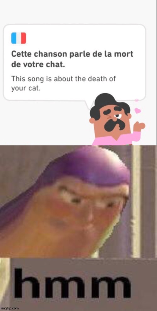 this is the title of your dead cat | image tagged in buzz lightyear hmm,duolingo,cursed,wait what | made w/ Imgflip meme maker