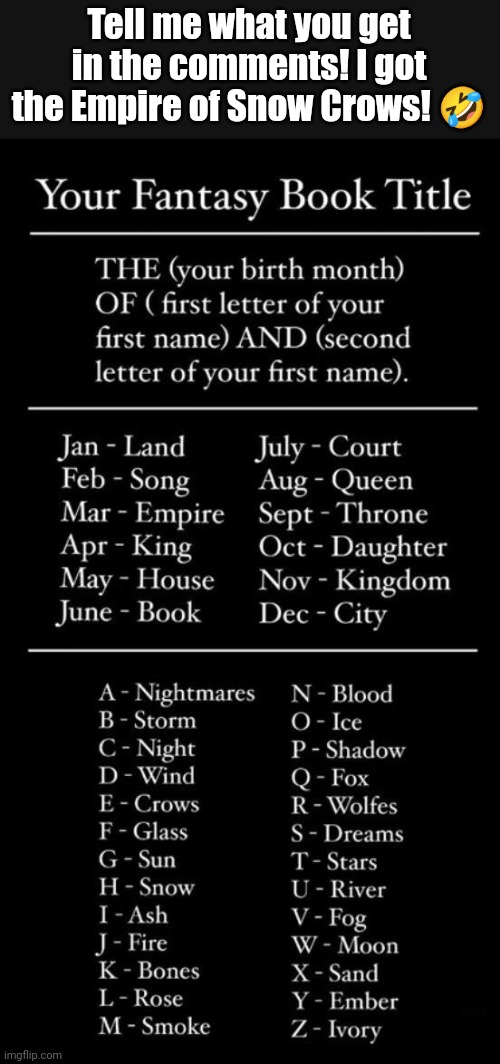 Look what I got! | Tell me what you get in the comments! I got the Empire of Snow Crows! 🤣 | image tagged in books | made w/ Imgflip meme maker