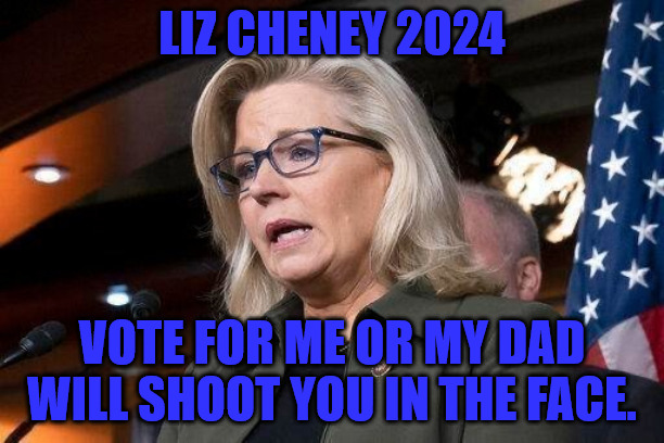 Liz Cheney Campaign Poster | LIZ CHENEY 2024; VOTE FOR ME OR MY DAD WILL SHOOT YOU IN THE FACE. | image tagged in liz cheney | made w/ Imgflip meme maker