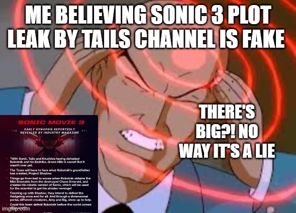 sonic 3 leaked plot is fake | ME BELIEVING SONIC 3 PLOT LEAK BY TAILS CHANNEL IS FAKE; THERE'S BIG?! NO WAY IT'S A LIE | image tagged in lex luthor thinking,sonic the hedgehog,leaks,funny,funny meme,meme | made w/ Imgflip meme maker
