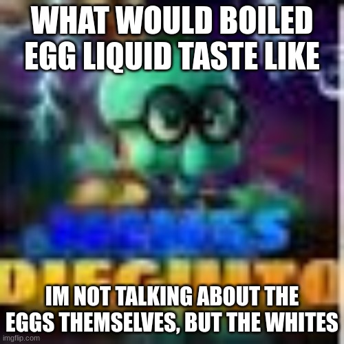 memes dieguito | WHAT WOULD BOILED EGG LIQUID TASTE LIKE; IM NOT TALKING ABOUT THE EGGS THEMSELVES, BUT THE WHITES | image tagged in memes dieguito | made w/ Imgflip meme maker