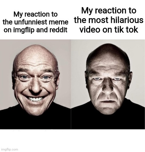 Reposts on tik toks don't count | My reaction to the unfunniest meme on imgflip and reddit; My reaction to the most hilarious video on tik tok | image tagged in breaking bad smile frown | made w/ Imgflip meme maker