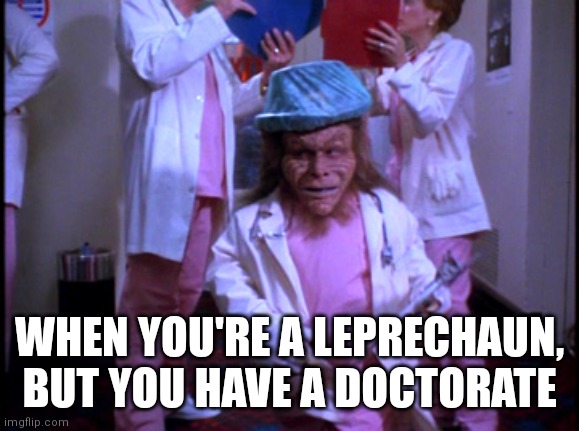  WHEN YOU'RE A LEPRECHAUN,  BUT YOU HAVE A DOCTORATE | image tagged in leprechaun 3 | made w/ Imgflip meme maker