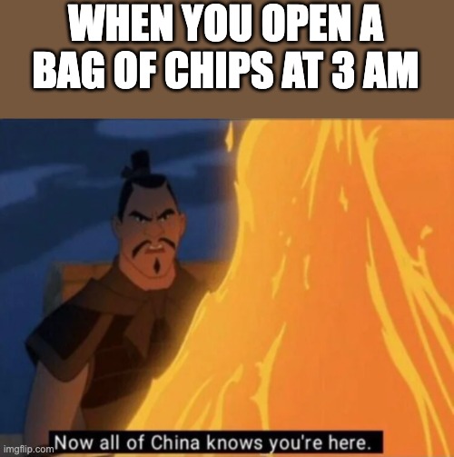 Relatable? |  WHEN YOU OPEN A BAG OF CHIPS AT 3 AM | image tagged in now all of china knows you're here | made w/ Imgflip meme maker