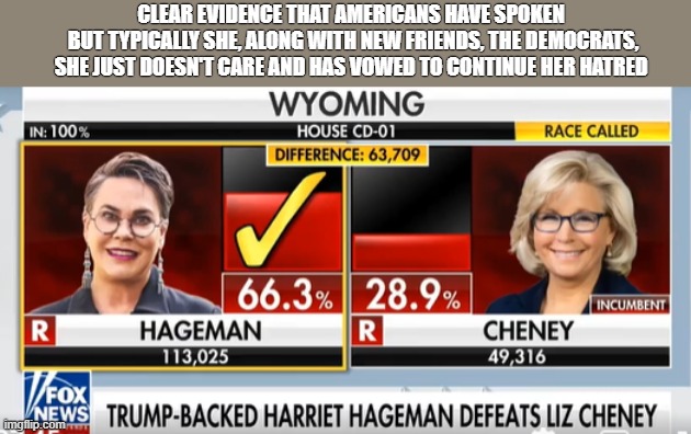 Wyoming Results | CLEAR EVIDENCE THAT AMERICANS HAVE SPOKEN 
BUT TYPICALLY SHE, ALONG WITH NEW FRIENDS, THE DEMOCRATS, SHE JUST DOESN'T CARE AND HAS VOWED TO CONTINUE HER HATRED | image tagged in cheney,liz,wyoming | made w/ Imgflip meme maker