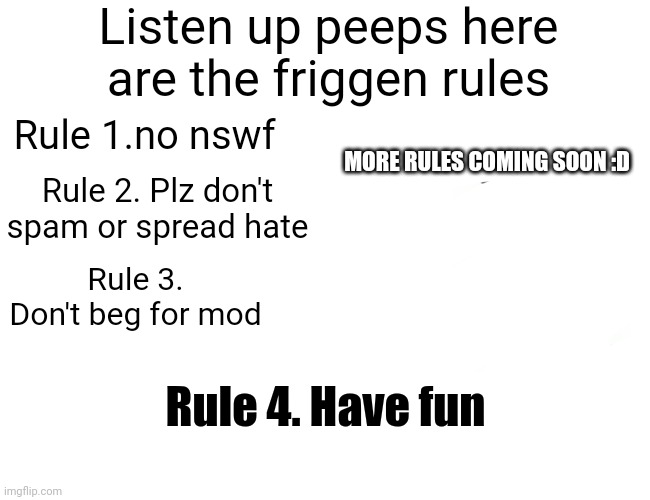 Rules | Listen up peeps here are the friggen rules; Rule 1.no nswf; Rule 2. Plz don't spam or spread hate; MORE RULES COMING SOON :D; Rule 3. Don't beg for mod; Rule 4. Have fun | image tagged in memes,blank white template | made w/ Imgflip meme maker