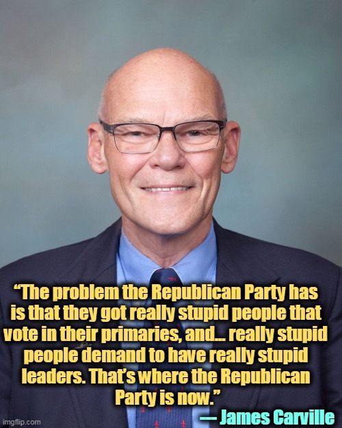 Not a MAGA fan. | “The problem the Republican Party has 
is that they got really stupid people that 

vote in their primaries, and… really stupid 
people demand to have really stupid 
leaders. That’s where the Republican 
Party is now.”; --- James Carville | image tagged in republican party,problem,slow,death,stupidity | made w/ Imgflip meme maker