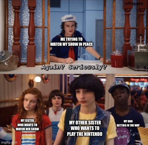 Every day | ME TRYING TO WATCH MY SHOW IN PEACE; MY DOG GETTING IN THE WAY; MY SISTER WHO WANTS TO WATCH HER SHOW; MY OTHER SISTER WHO WANTS TO PLAY THE NINTENDO | image tagged in again seriously | made w/ Imgflip meme maker